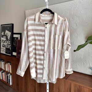 Alter’d State, Oversized Striped Button Up, Tan/Beige